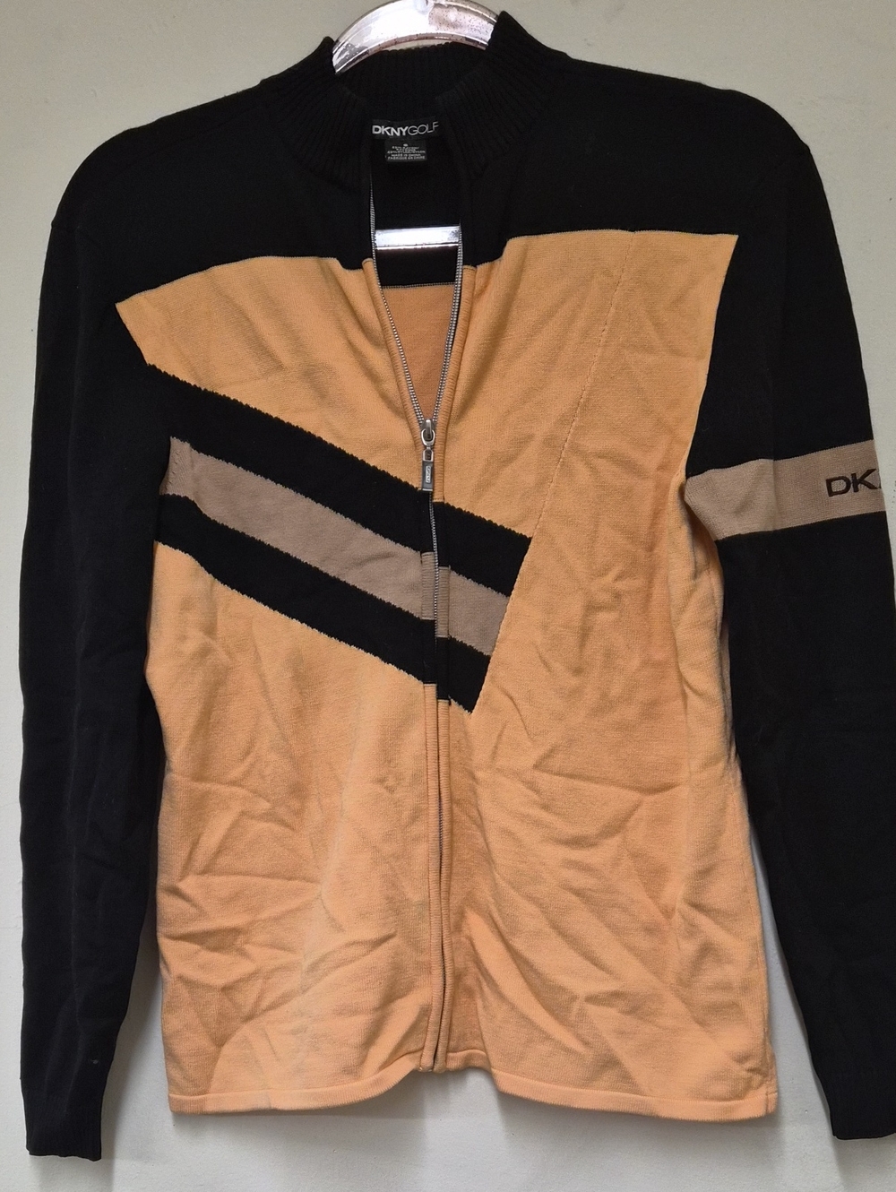 DKNY Black and Tan Zip Front Colorblock Cardigan Size S